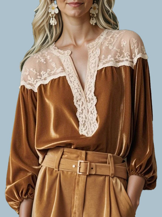 Brown Velvet Lace V-Neck Long Sleeve Shirt