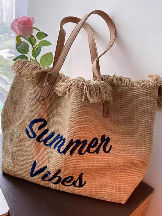 Embroidered Tassel Large Canvas Tote Bag