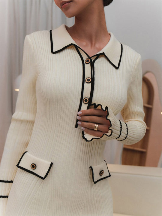 Slim Fit Long Sleeve Knitted Lapel Dress