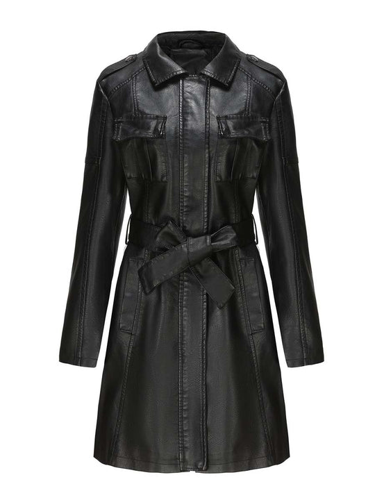 Women's Vintage Mid-Length Leather Coat With Belt