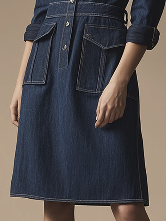 Casual and Capable Dark Blue Multi-pocket Denim Dress