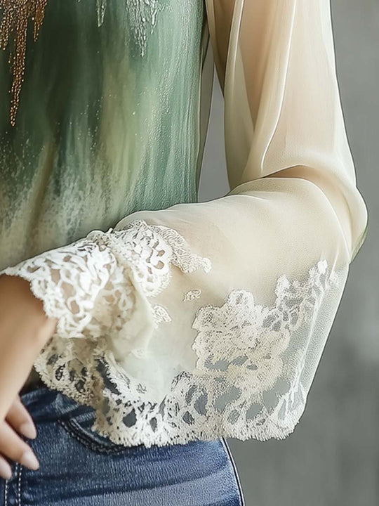 Fluid Painting Lace Sheer Sleeves Blouse