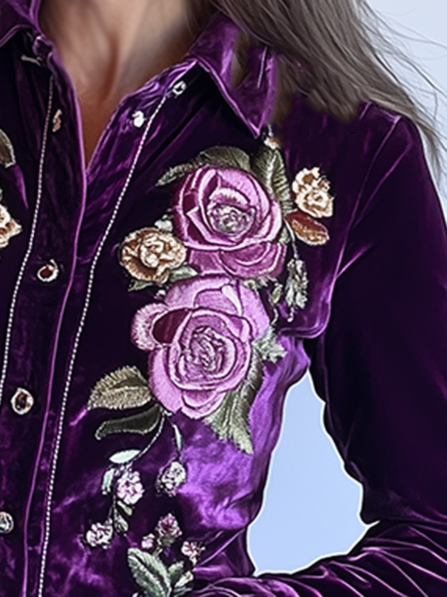 Fashionable Vintage Velvet Embroidered Shirt