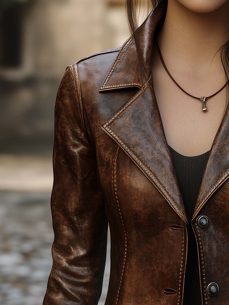 Women's Vintage Pocket Leather Jacket