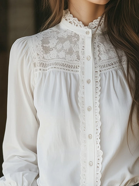 White Casual Cotton Lace Long Sleeve Shirt