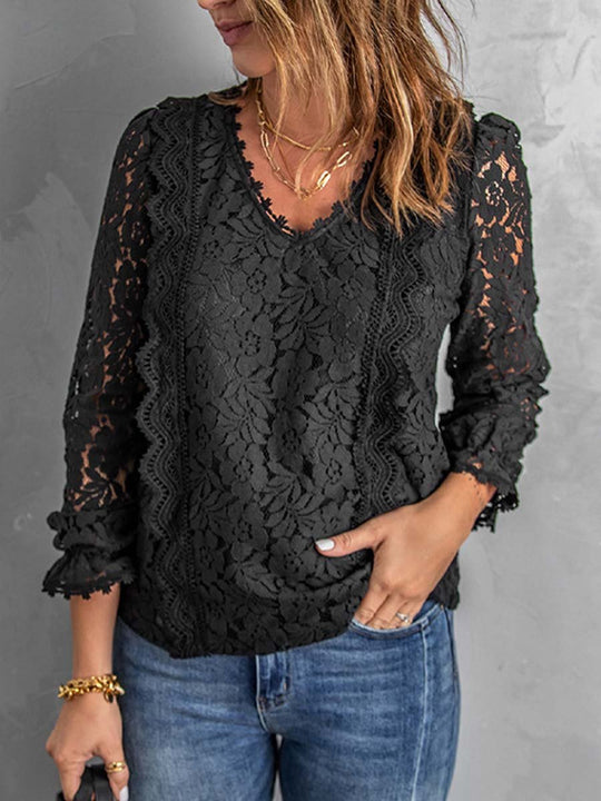 Women's Lace Hollow V-neck Long-sleeved T-shirt