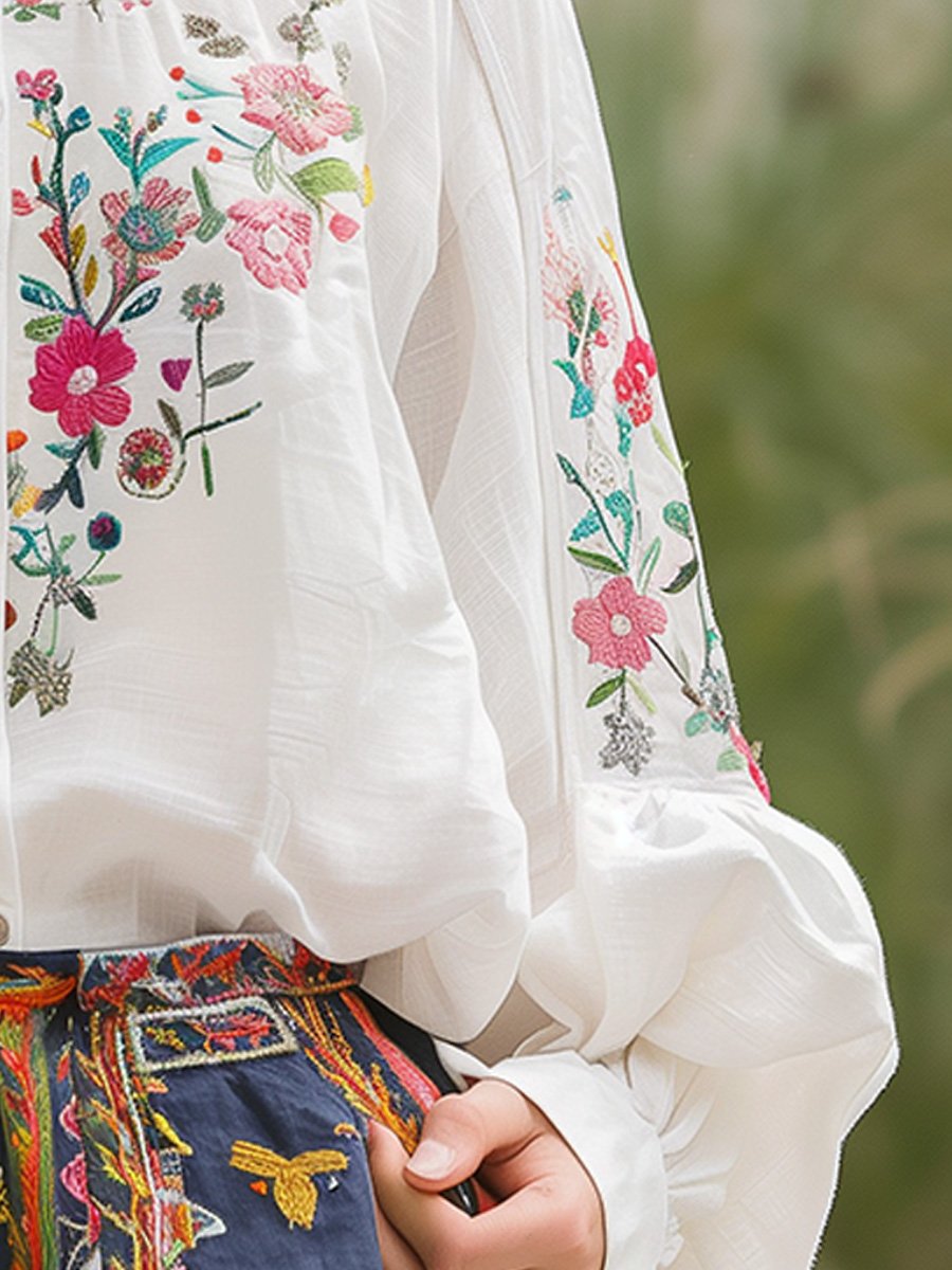 Cotton and Linen Floral Embroidery Long Sleeve Shirt