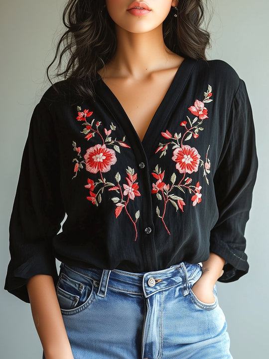 Chic Bohemia Handmade Flower Embroidery Shirt