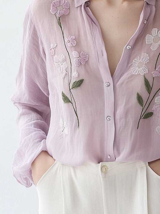 Elegant Lavender Floral Embroidered Button-Down Blouse