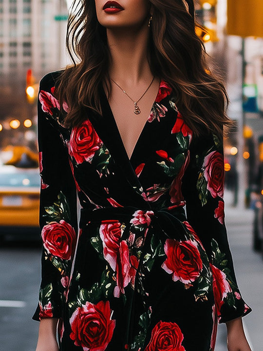 Elegant Retro V-neck Rose Print Maxi Dress