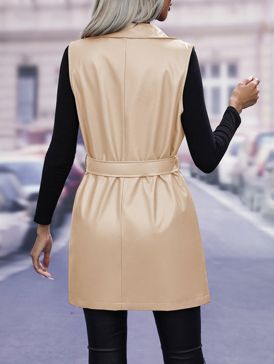 Stylish Belt Mid-length Leather Waistcoat