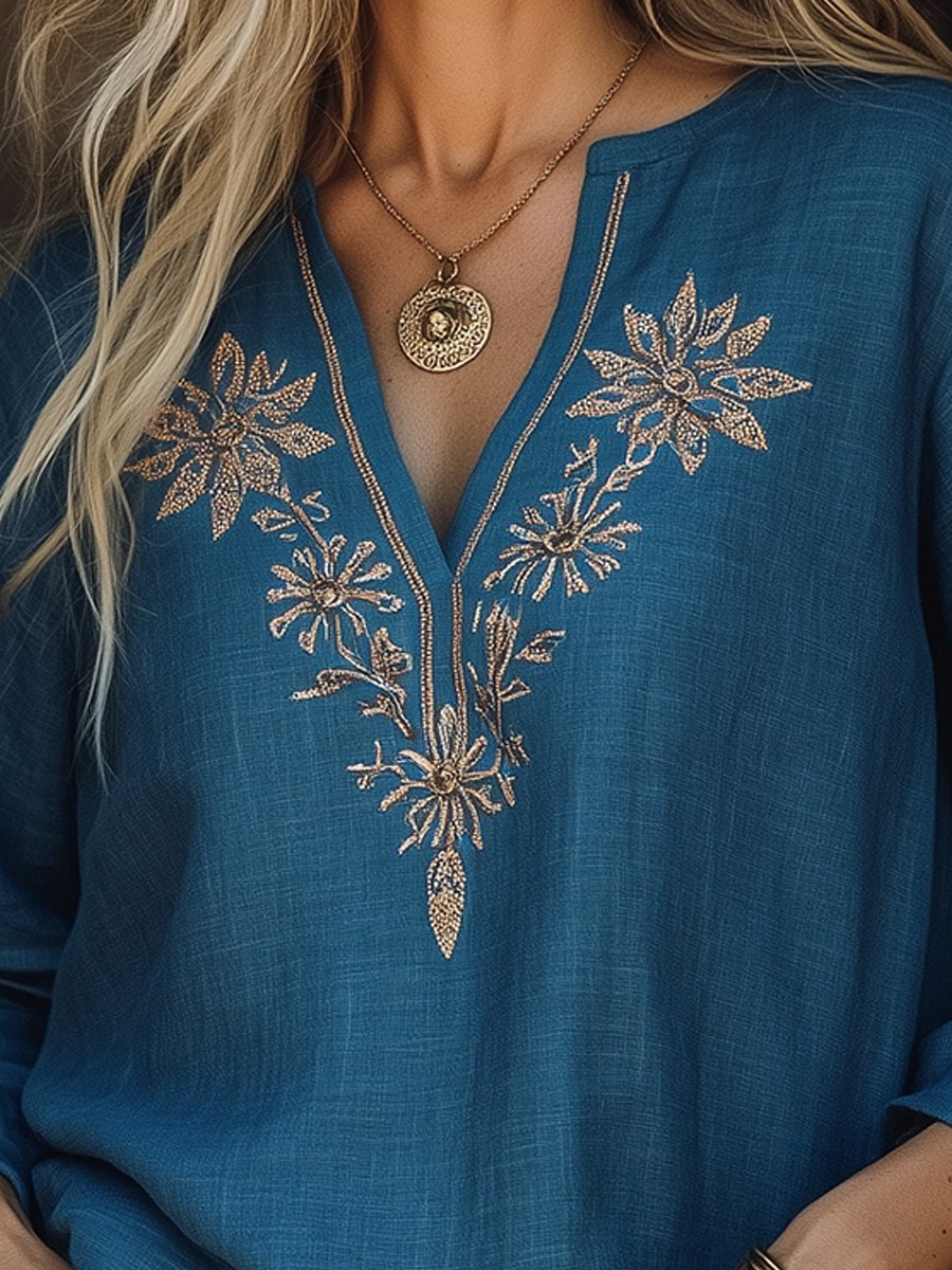 Casual V-neck Cotton and Linen Embroidered Long-sleeved Top