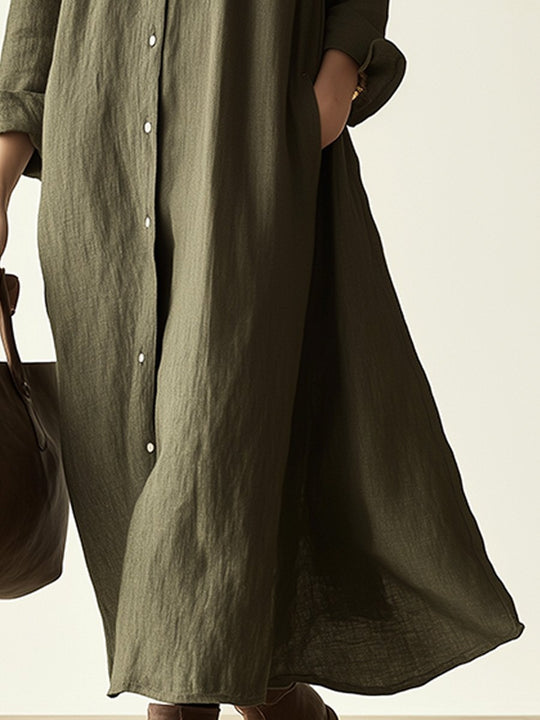 Relaxed Button-Down In Earthy Green Maxi Shirt Dress