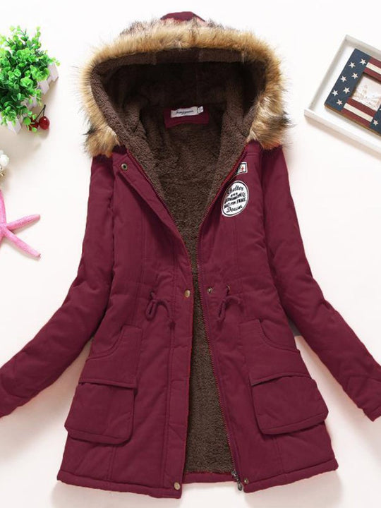 Casual Fur Collar Lambskin Plus Velvet Thickened Loose Mid-length Cotton Coat