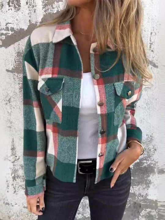 Women's Long Sleeve Lapel Plaid Loose Single Breasted Jacket