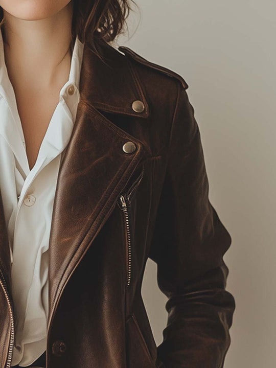 Women's Vintage Brown Zipper Leather Jacket