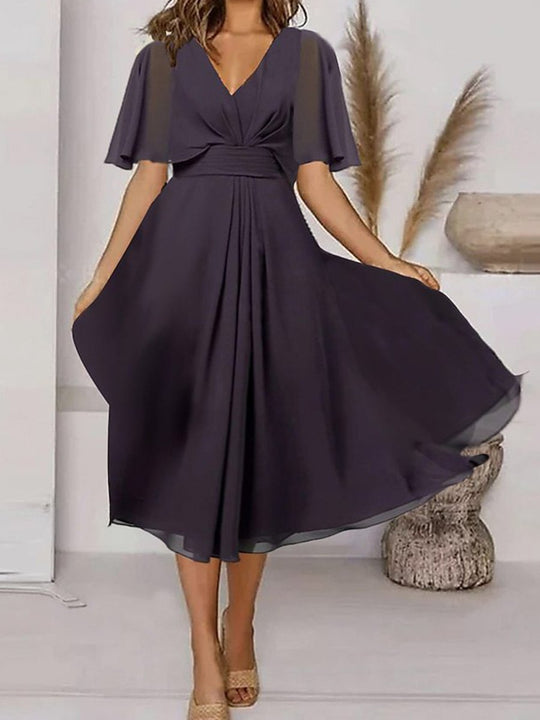 Elegant Chiffon V-Neck Short Sleeve Swing Dress