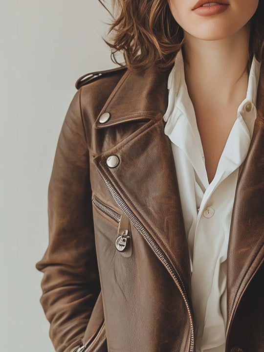 Women's Vintage Brown Zipper Leather Jacket