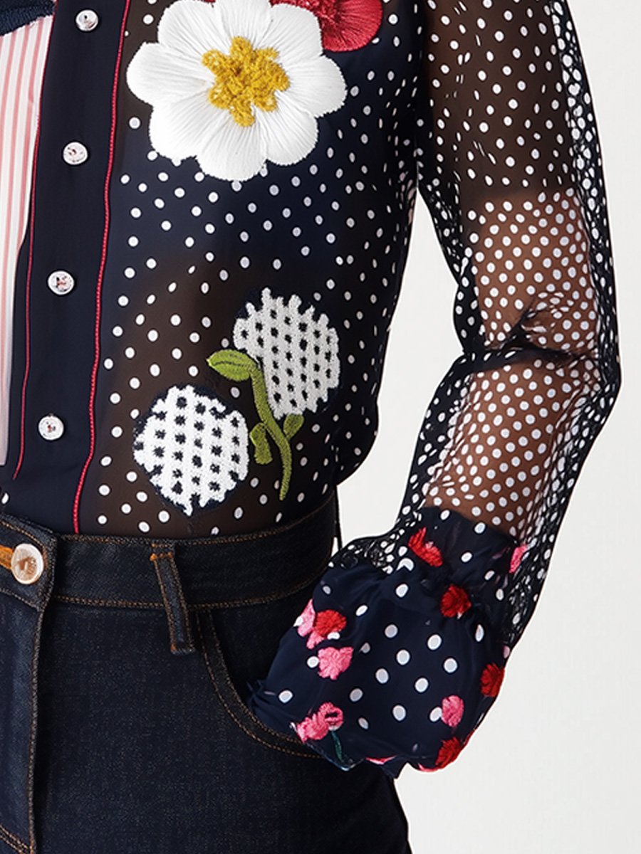 Playful Polka Dot See-through Floral Lined Long-sleeved Shirt