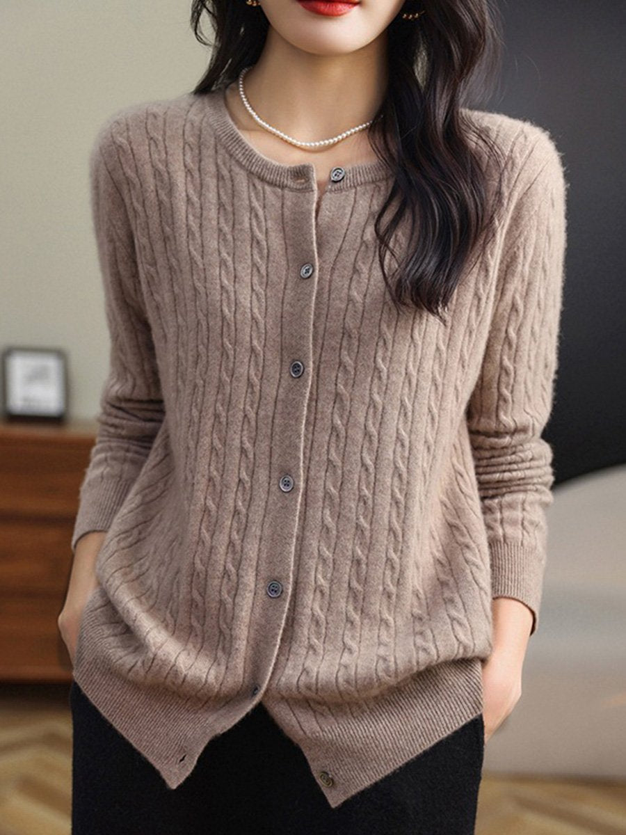 Fashion Round Neck Slim Fit Cable Knit Cardigan