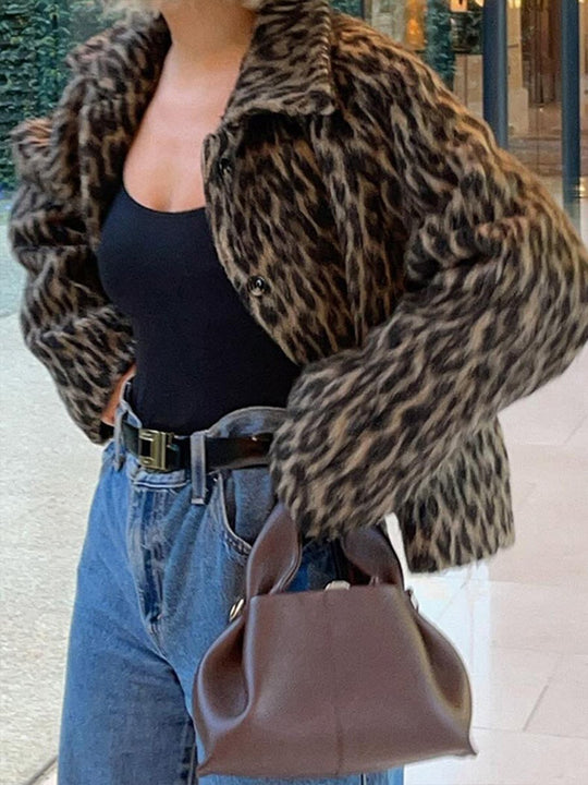 Lapel Leopard Fur Cropped Jacket