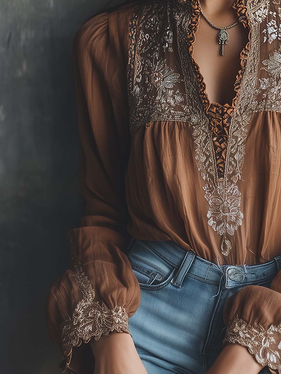 Rustic Elegance Embroidered Sheer Blouse