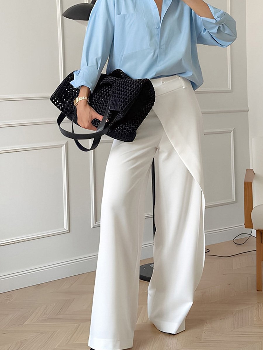 Casual Commuting White Stitching High Waist Wide Leg Pants