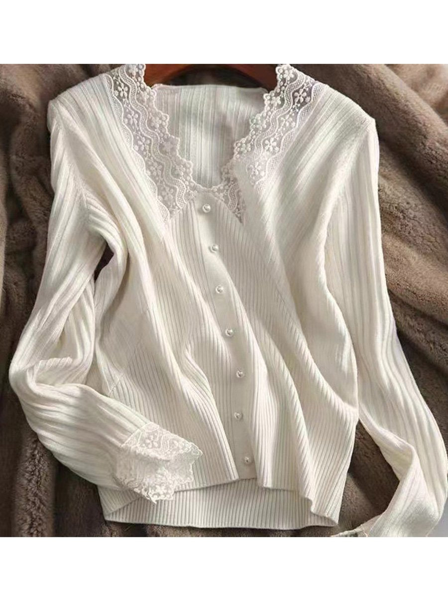 V-neck Lace Slim-fit Long-sleeved Sweater