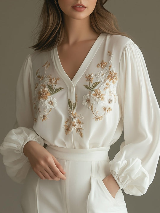 Elegant Embroidered V-Neck Blouse with Puff Sleeves