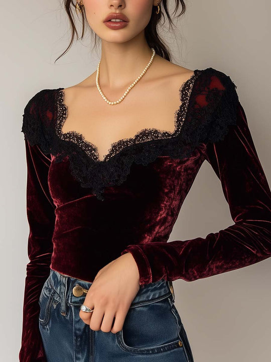 Women's Vintage Lace Collar Velvet T-Shirt