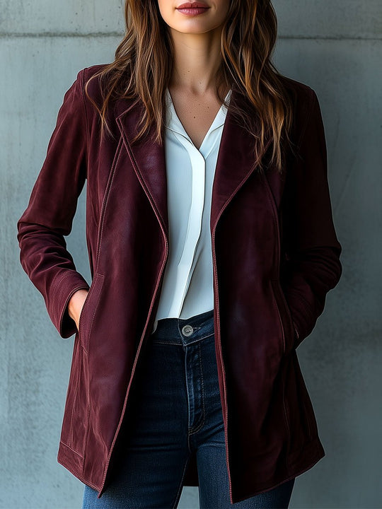 Chic Suit Collar Pockets Mid-legnth Burgundy Suede Jacket