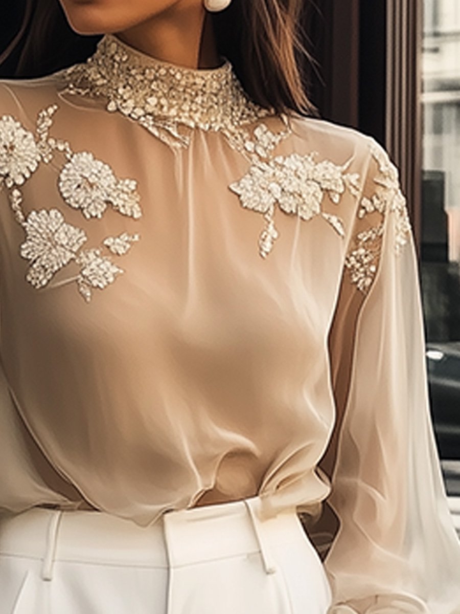 High-Neck Sheer Floral Appliqué Blouse with Vintage Elegance