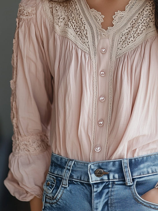 Romantic Blush Lace-Trimmed with Button Details Blouse