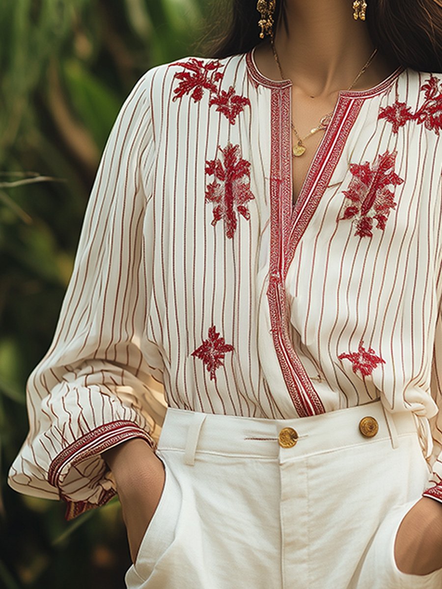 V-Neck Bohemian Striped Embroidered Cotton and Linen Blouse