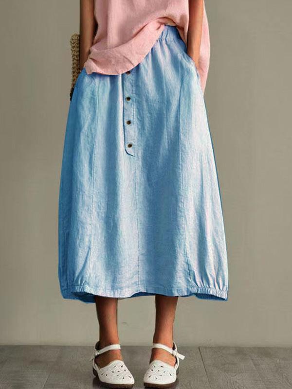 Cotton and Linen Elastic Waist Pocket Button Skirt