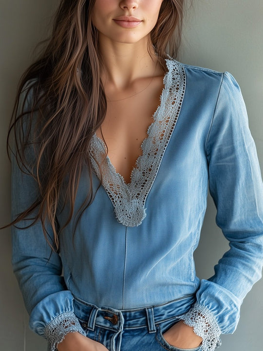 Casual Denim V-Neck Lace Long Sleeve Shirt