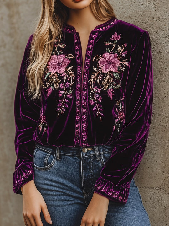 Retro Boho V-neck Flower Embroidery Velvet Shirt