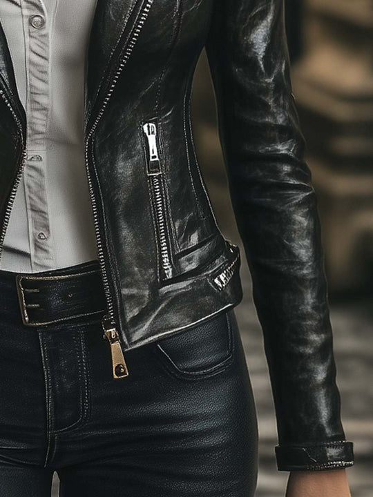 Women's Vintage Zipper Lapel Leather Jacket