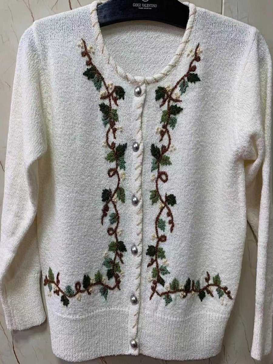 Vintage Black Round Neck Hand-embroidered Wool Cardigan