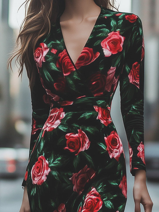 V-neck Slim-fit Retro Rose Print Maxi Dress