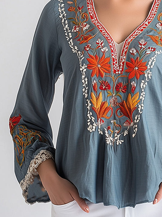 Bohemian Embroidered Peplum Blouse with Lace Trim