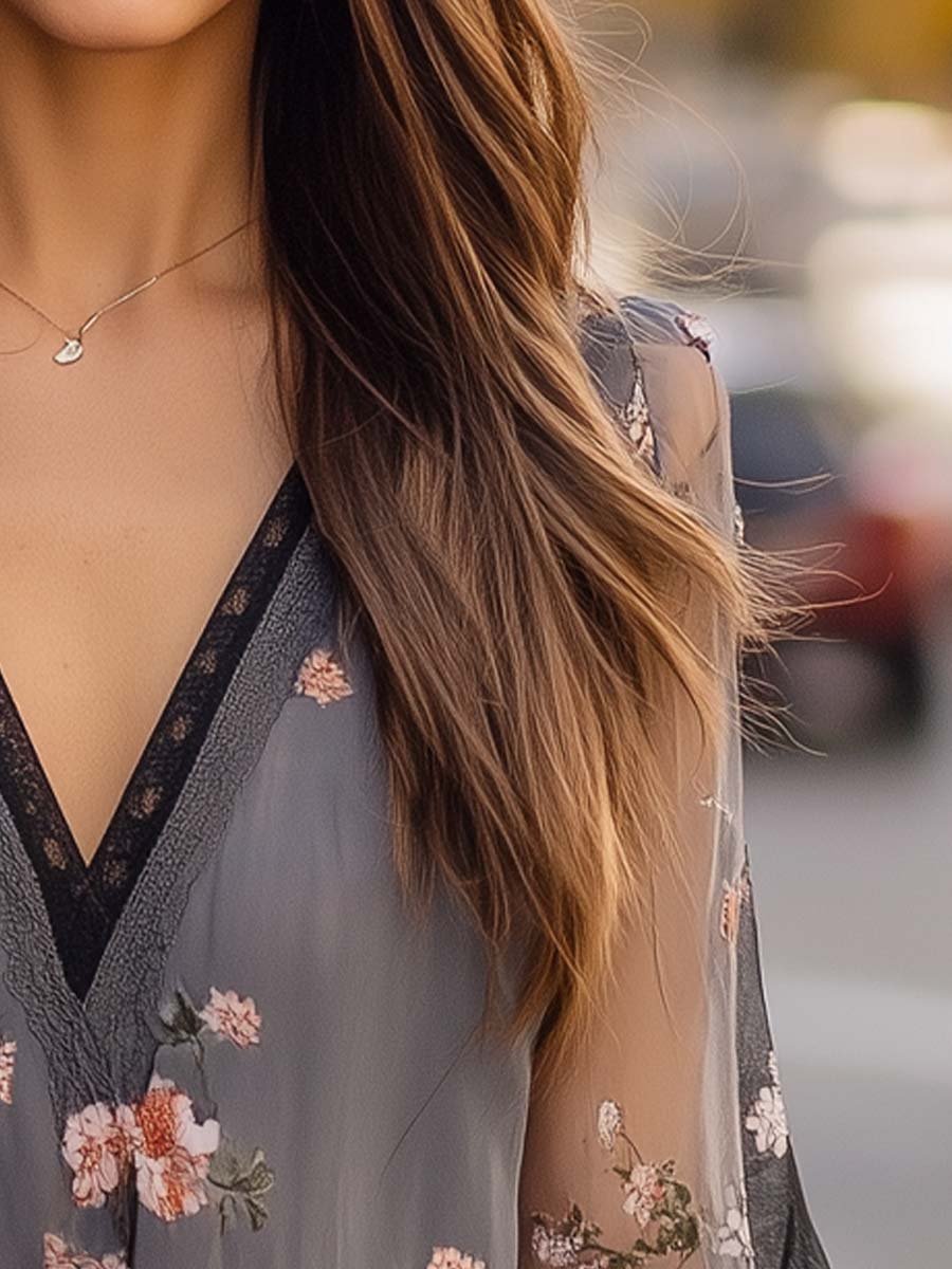 Boho Sheer Floral V-Neck Blouse