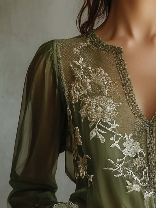 Olive Green Embroidered Lace Blouse