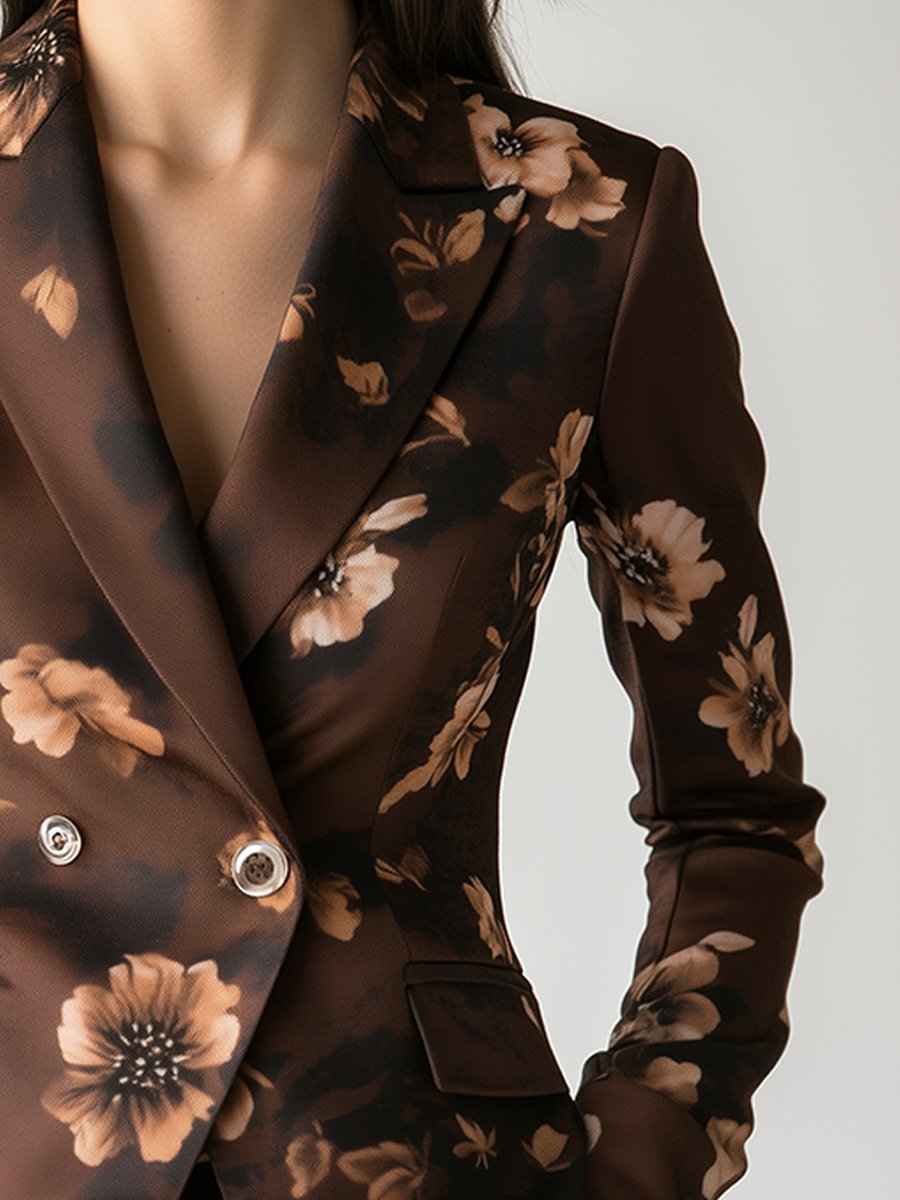 Women's Brown Lapel Satin Printed Blazer