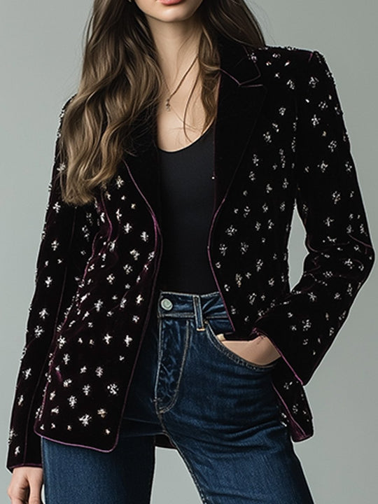 Casual Fashion Retro Purple Velvet Star Print Blazer