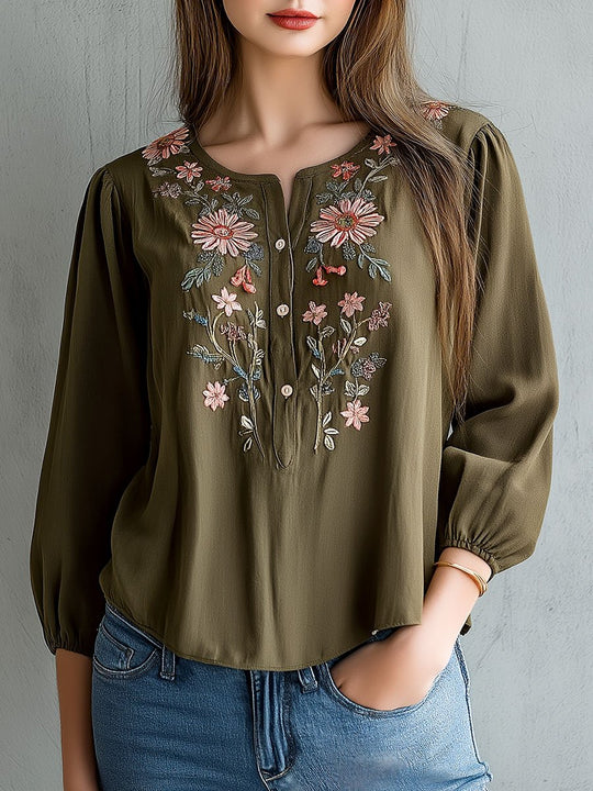 Retro Henley Collar Flower Embroidery Blouse