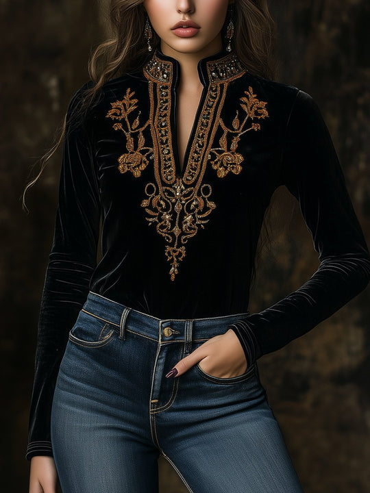 Chic V-neck Embroidery Long Sleeves Velvet Top