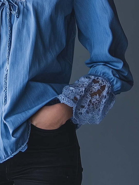 Women's Vintage Lace Cuffs Denim Shirt