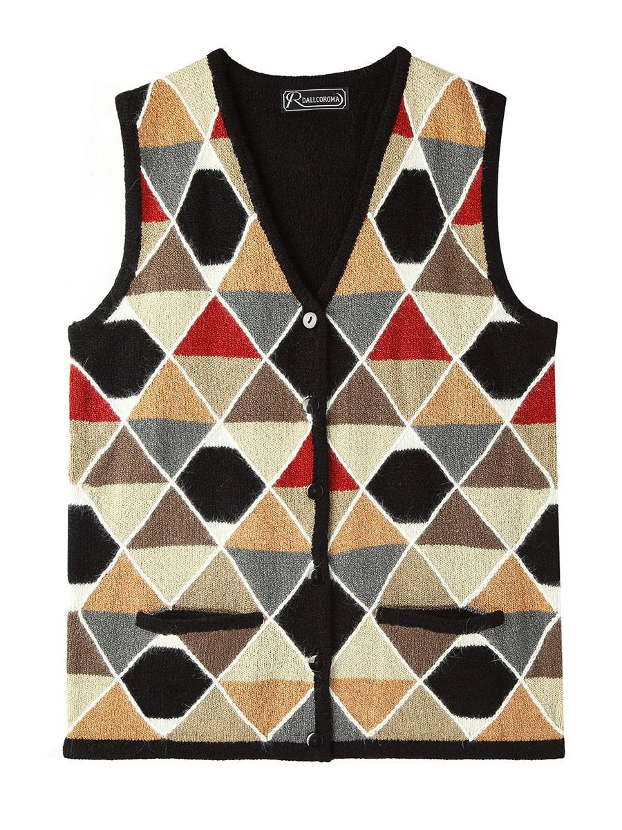 Vintage Hand-Cranked Intarsia Wool Vest Cardigan