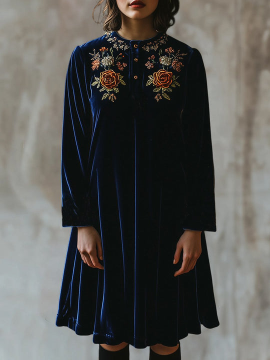 Retro Half-placket Floral Embroidery Loose Velvet Dress